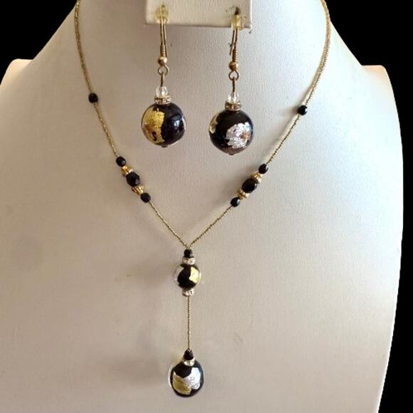 Murano Glass Black Silver Gold Foil Beaded Earrings Necklace - Picture 8 of 9